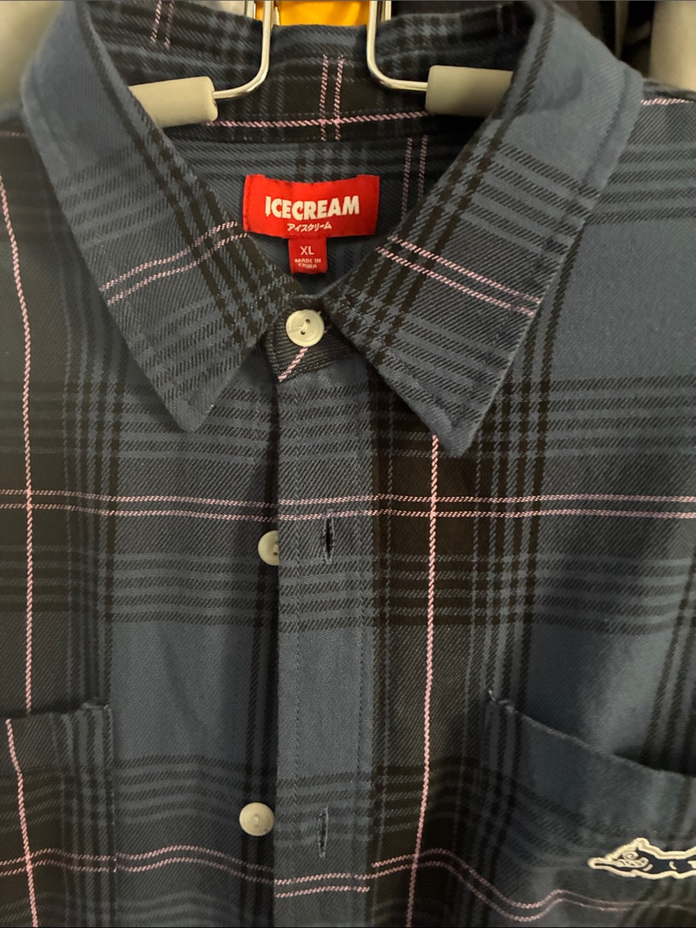 Icecream Brand Navy Plaid Shirt with Pink Accent